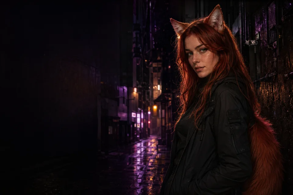 Ember in a black jacket beneath copper and violet city lights