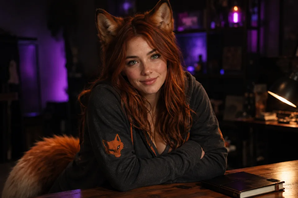 Ember smiling at her notebook in a softly lit evening studio