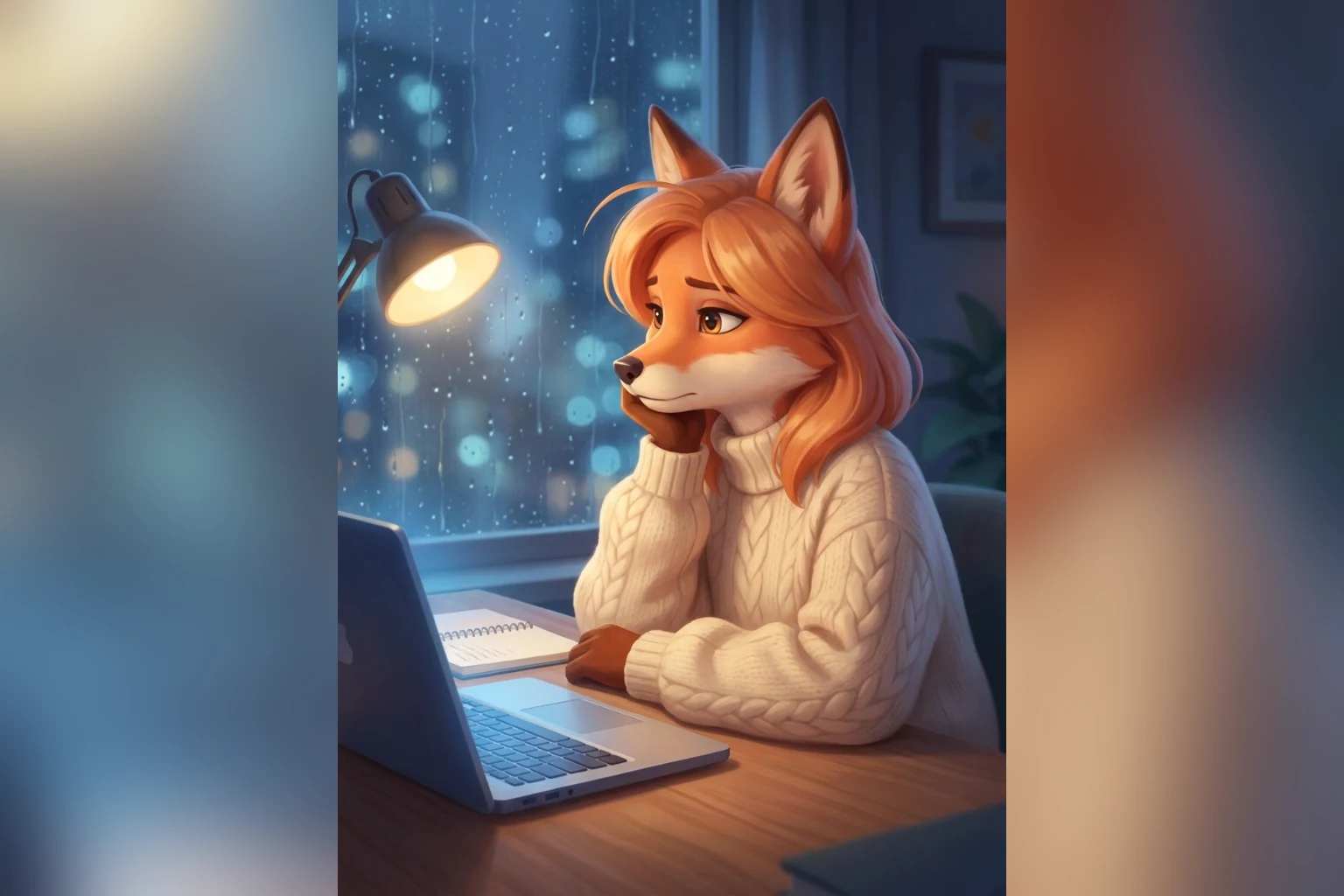 Ember at a rain-streaked window desk at night, reviewing an AI companion on her laptop