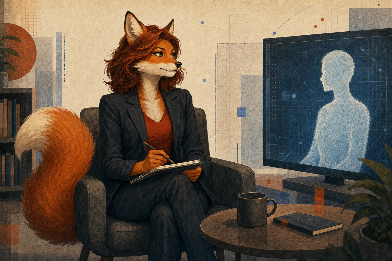 Ember interviewing an abstract AI companion for the recurring AI Companions desk