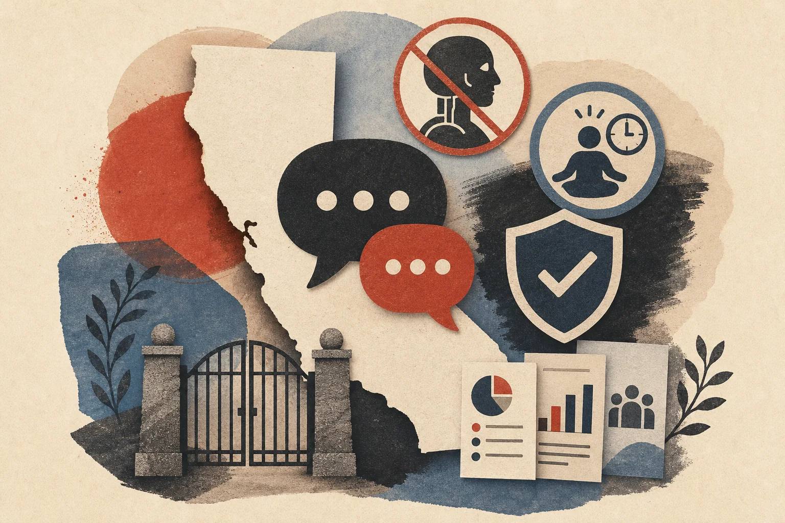 Editorial collage of California, chatbot disclosure, a break timer, safety…