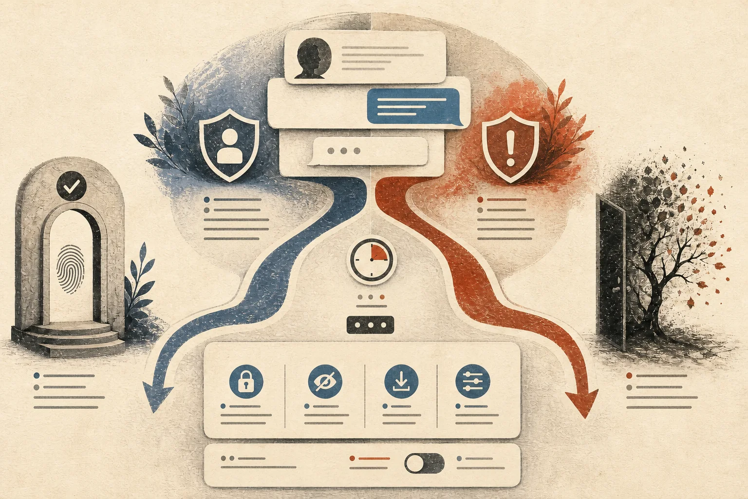 Editorial diagram of companion-chat safety paths, age assurance, a break…