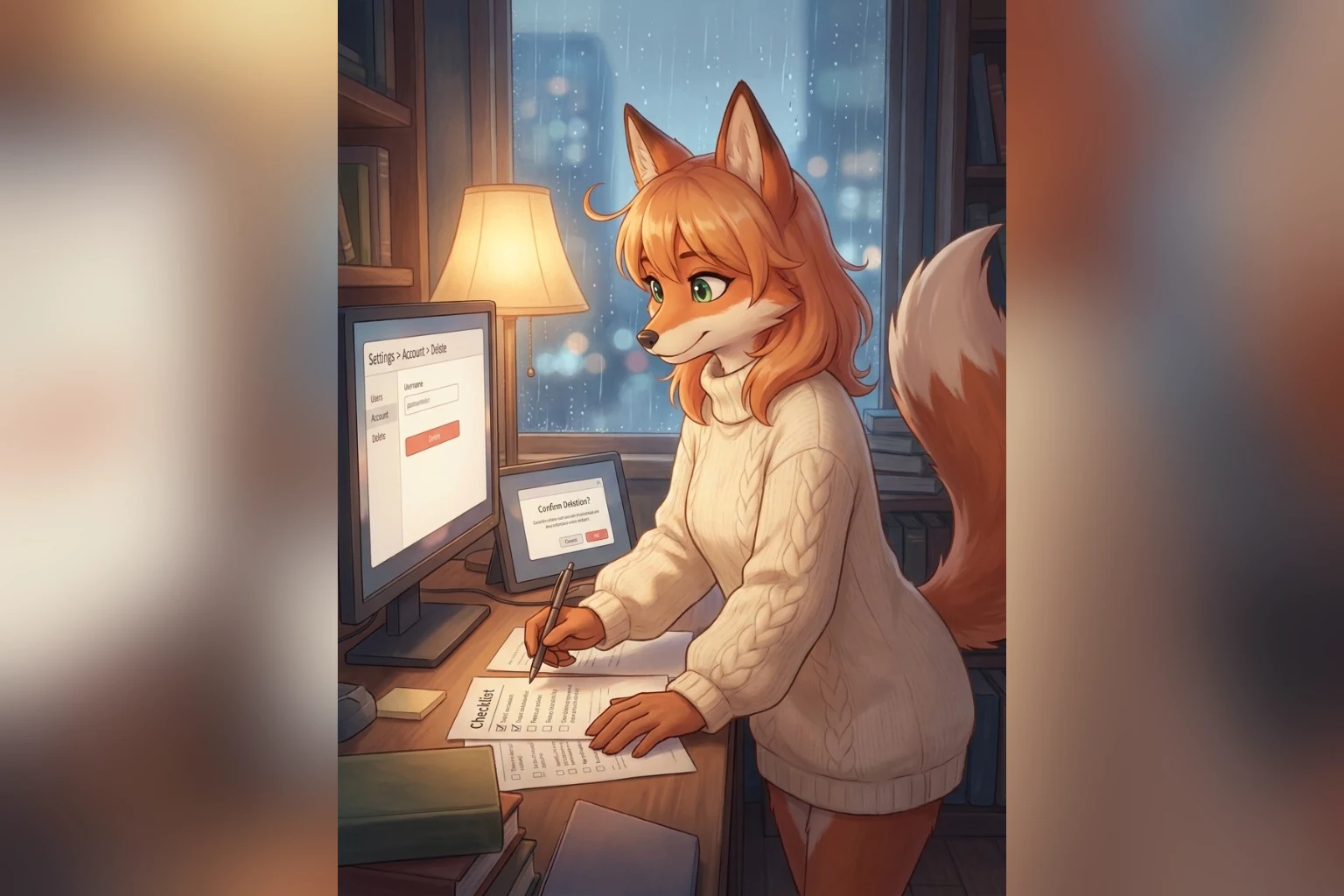 Ember working through an account settings and deletion panel against a printed checklist