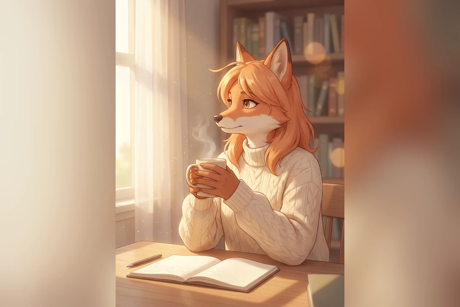 Ember, the fox correspondent of EmberGF, with a warm mug and an open notebook
