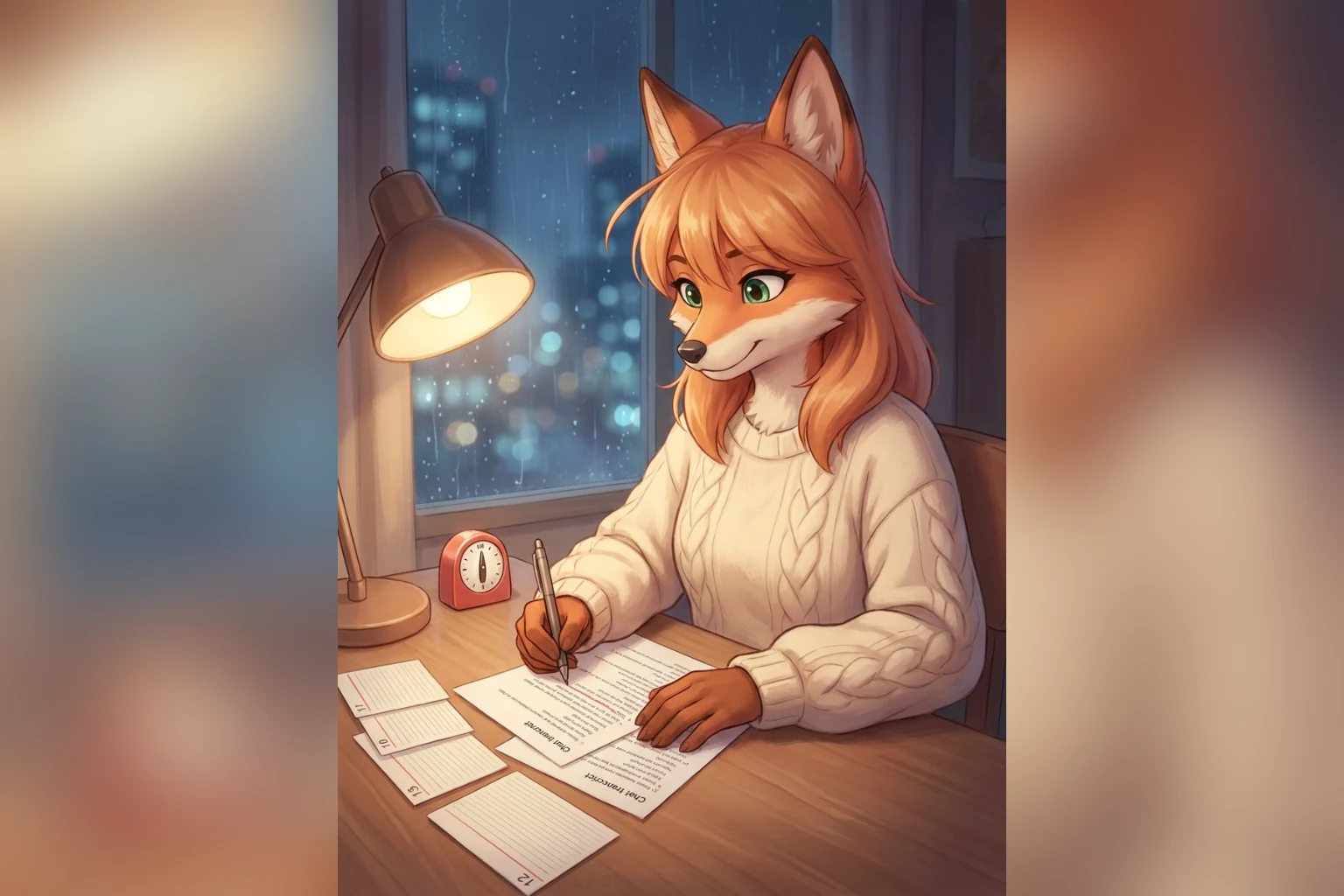 Ember annotating a printed chat transcript during a controlled memory test