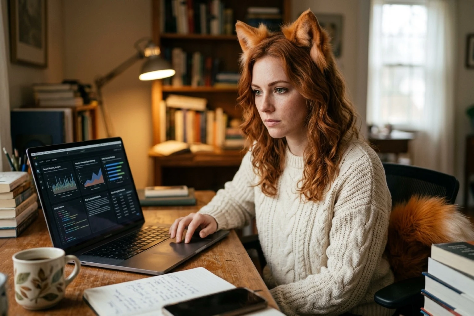Real Ember examining adaptive neural memory graphs and encryption logs on laptop at wooden desk