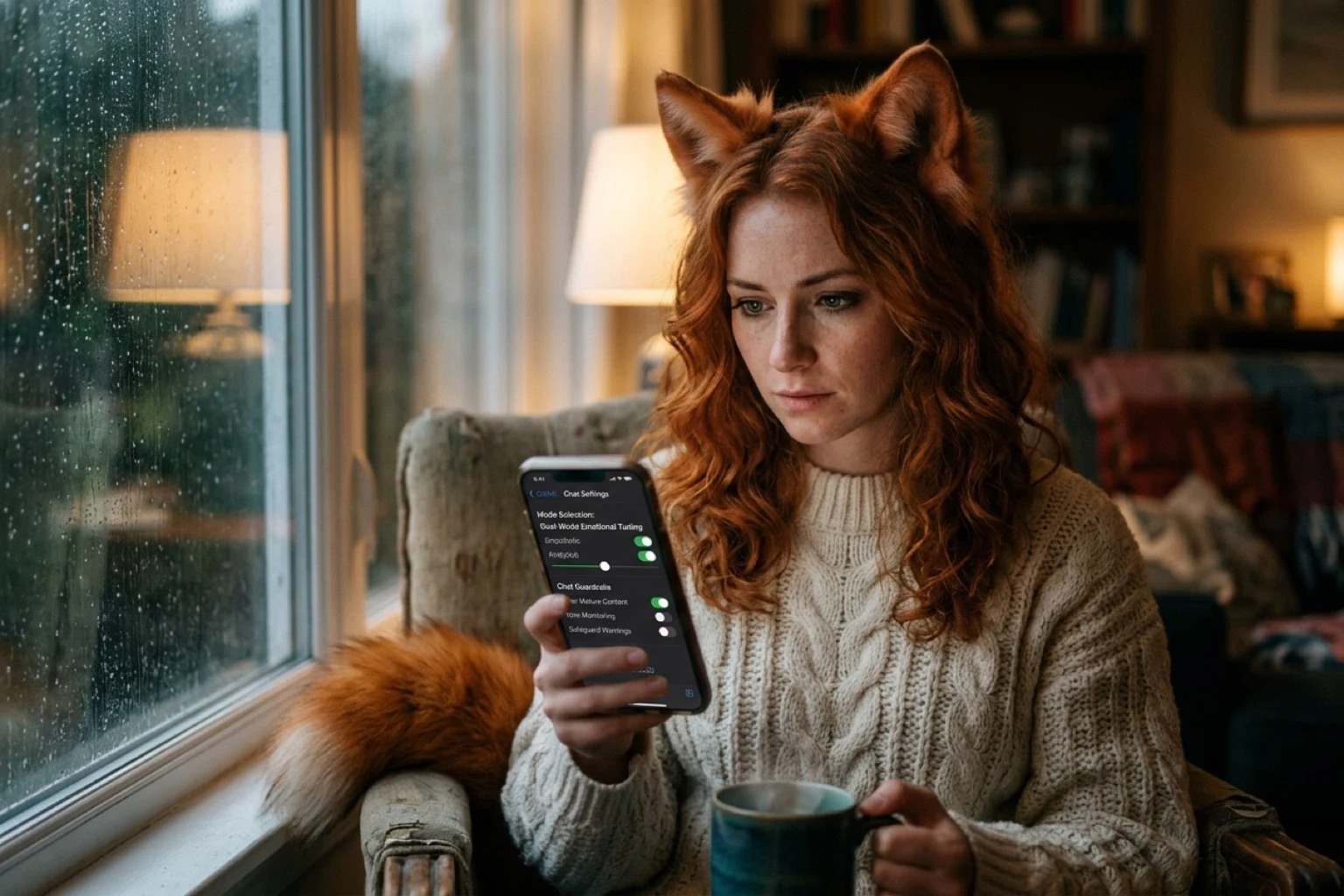 Real Ember reviewing dual-mode emotional settings and guardrails on smartphone by rainy window