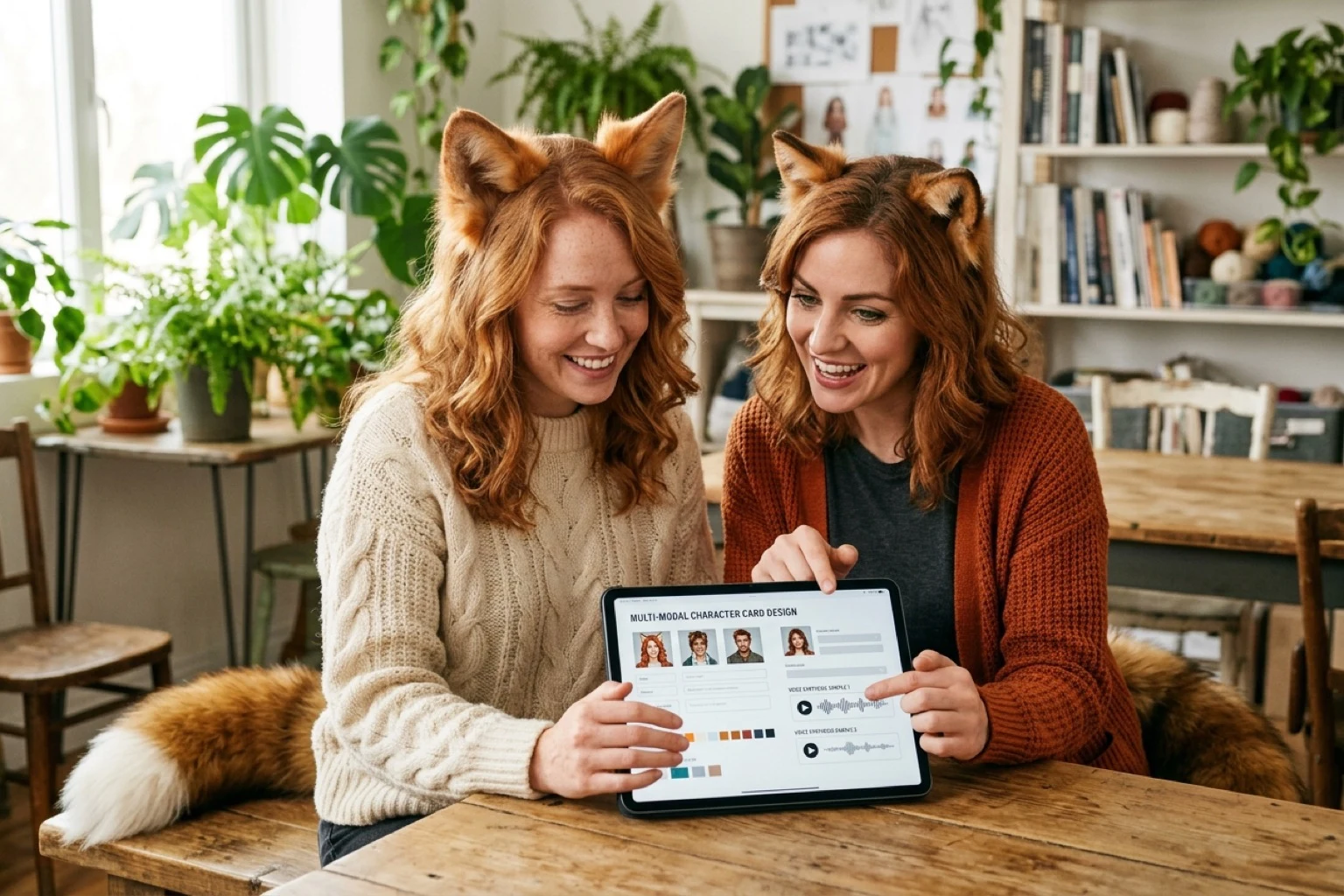 Two fox girls in sunlit studio reviewing multi-modal character card layouts and voice synthesis on tablet
