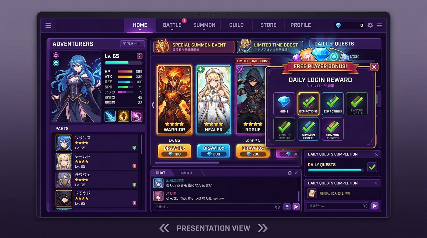 Nutaku Anime RPG Gacha Summon and Battle Rewards Interface