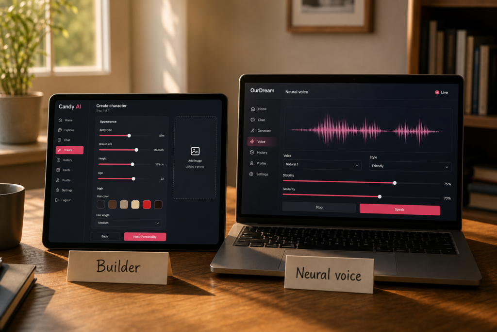 Candy AI builder tablet beside OurDream neural voice laptop.