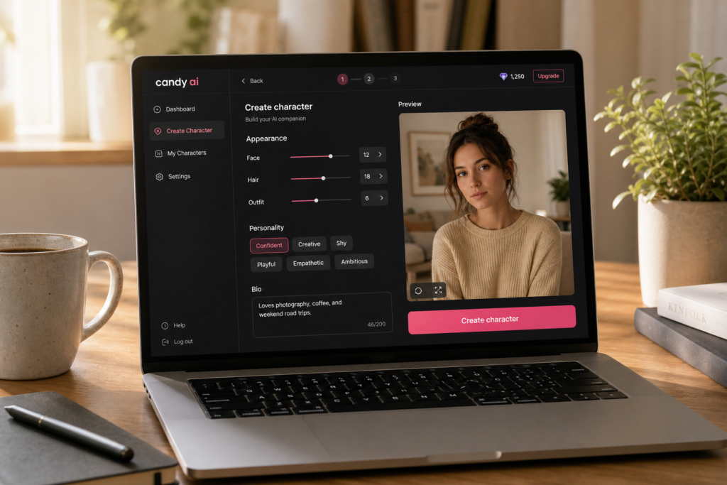 Candy AI create-character builder on a laptop.