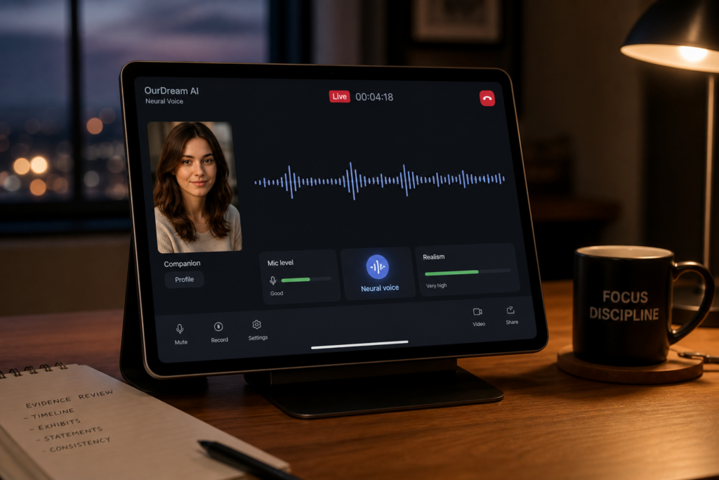 OurDream AI neural voice live call UI on a tablet.