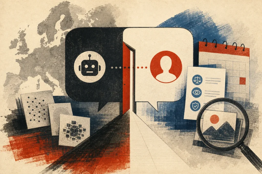 Editorial collage showing a chatbot disclosure crossing an EU transparency…