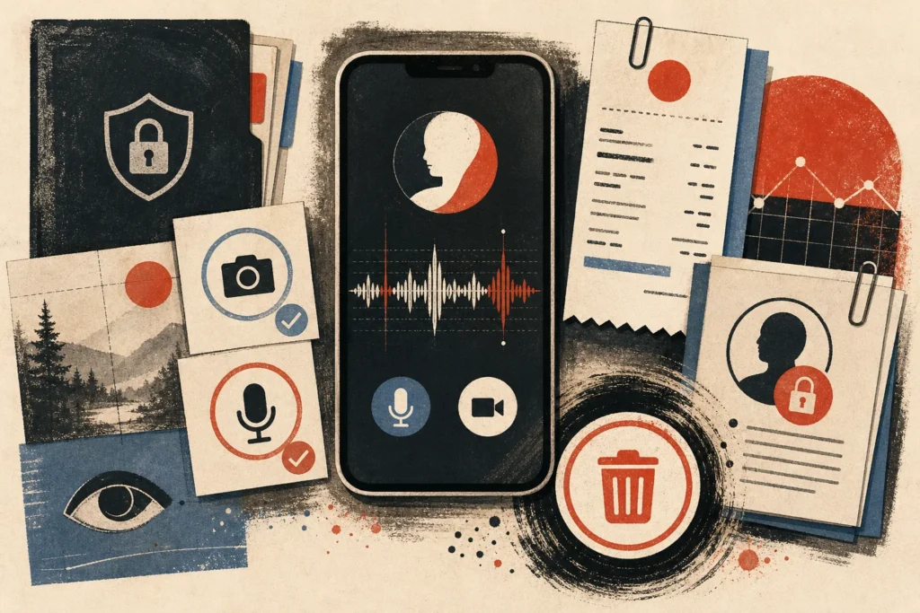 Editorial desk with an AI companion phone, voice waveform, camera…