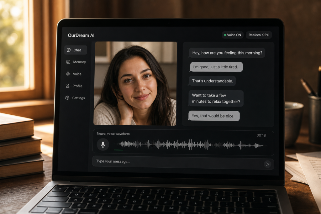 OurDream AI neural voice UI with waveform and realism controls on a laptop.