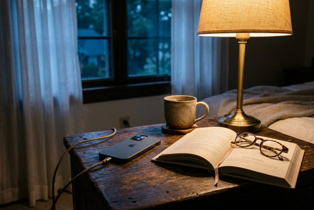 Bedside evening pause with smartphone face-down on nightstand, reading glasses, open novel and moonlight