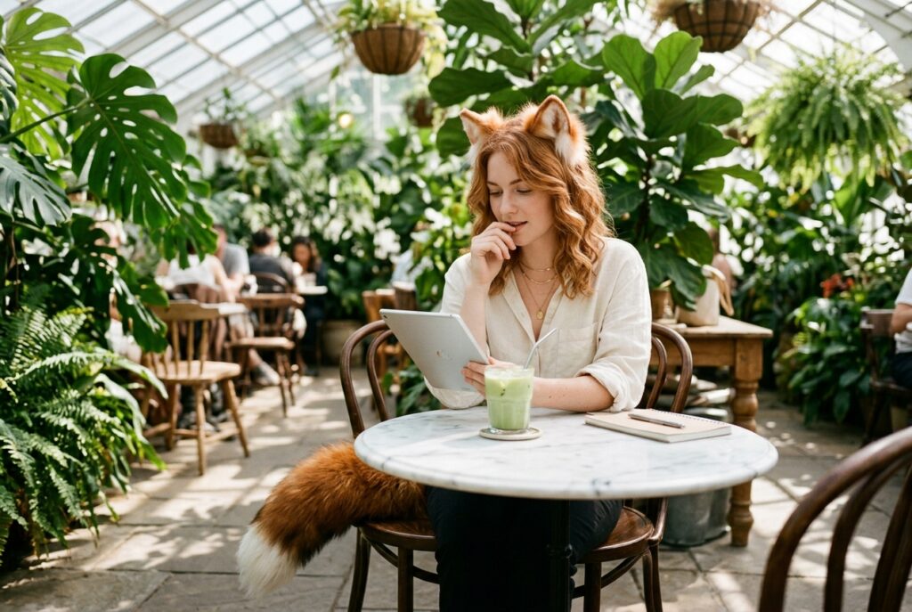 Real Ember enjoying iced matcha latte at marble bistro table in sunlit botanical greenhouse cafe