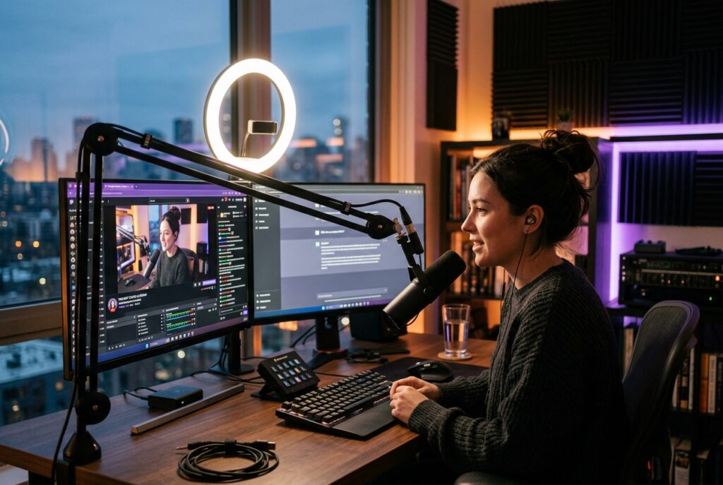 Creator livestream studio with dual monitors showing live broadcast feed and AI chatbot conversation