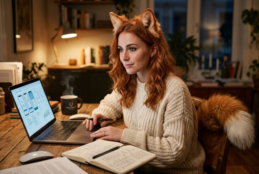 Real Ember reviewing Candy AI ecosystem map on laptop at wooden desk