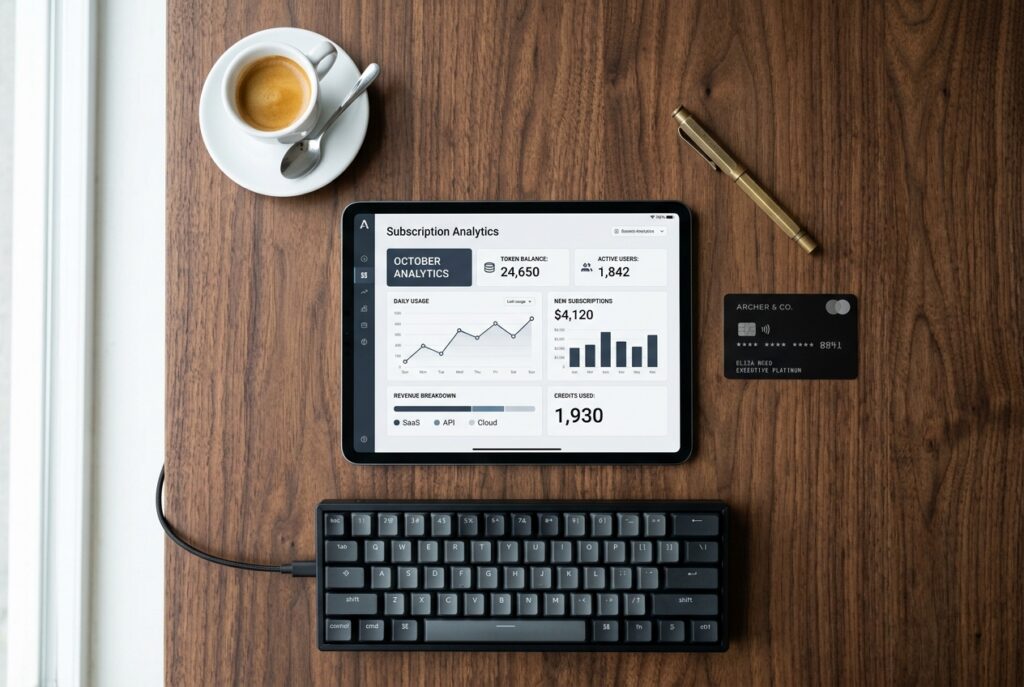 Executive tech flatlay of tablet displaying token analytics charts, black credit card, brass pen and espresso