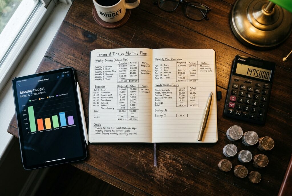 Personal budgeting ledger comparing token tip spending against flat monthly subscriptions with calculator and tokens