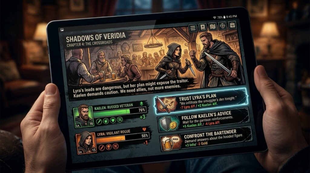 Comix Harem interactive visual novel companion interface showing branching story decisions and relationship meters