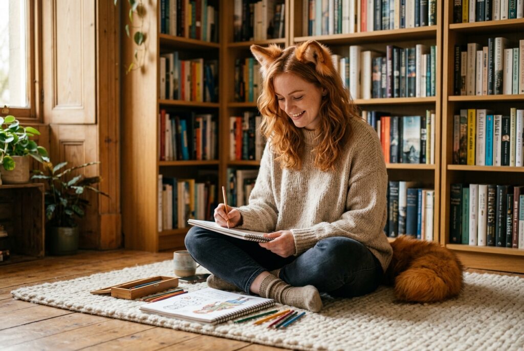 Real Ember sitting cross-legged on cream rug sketching character personality traits in library