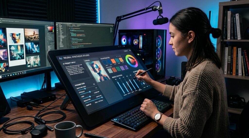 E-Intimacy AI platform studio setup showing neural synthesis sliders and character parameter controls