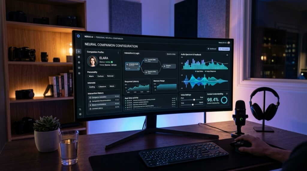 Fanfinity AI companion interface dashboard featuring multi-creator configuration and voice synthesis visualizer