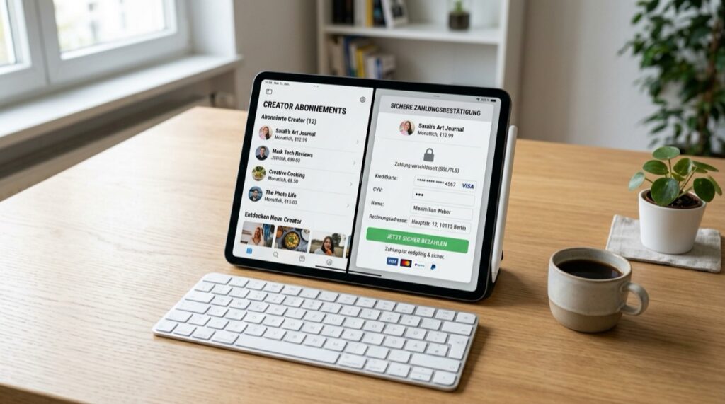 Fanfinity Test Tablet mit Creator-Abonnement-Uebersicht und verschluesselter Zahlungsmaske