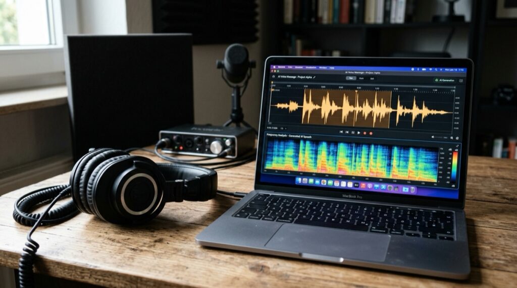 MyLovely AI Test Audioanalyse Arbeitsplatz mit Audiowellenform und Monitorkopfhoerern