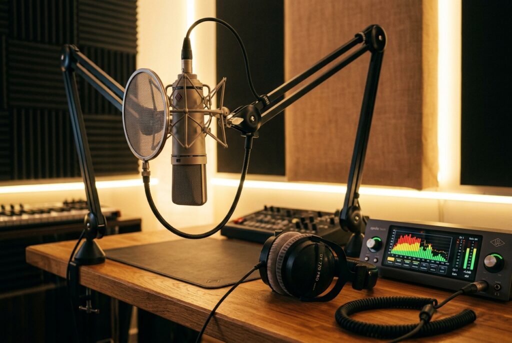 Professional sound studio condenser microphone with pop filter and monitoring headphones on mixing console