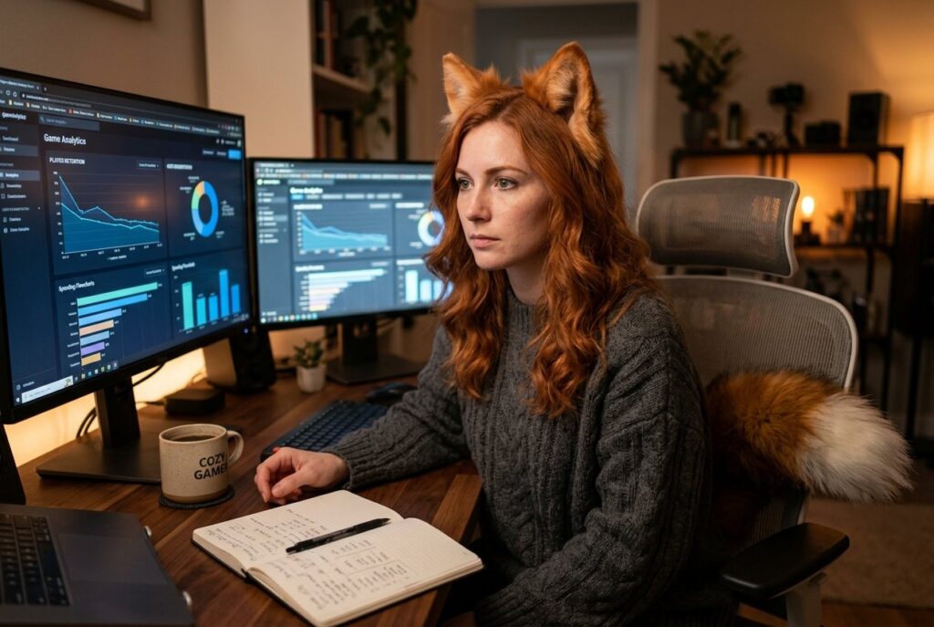 Real Ember seated at desk analyzing adult RPG monetization and spend traps