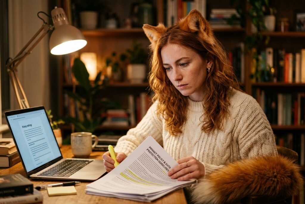 Real Ember seated at wooden desk in warm study reviewing privacy policy documents and data protection guidelines
