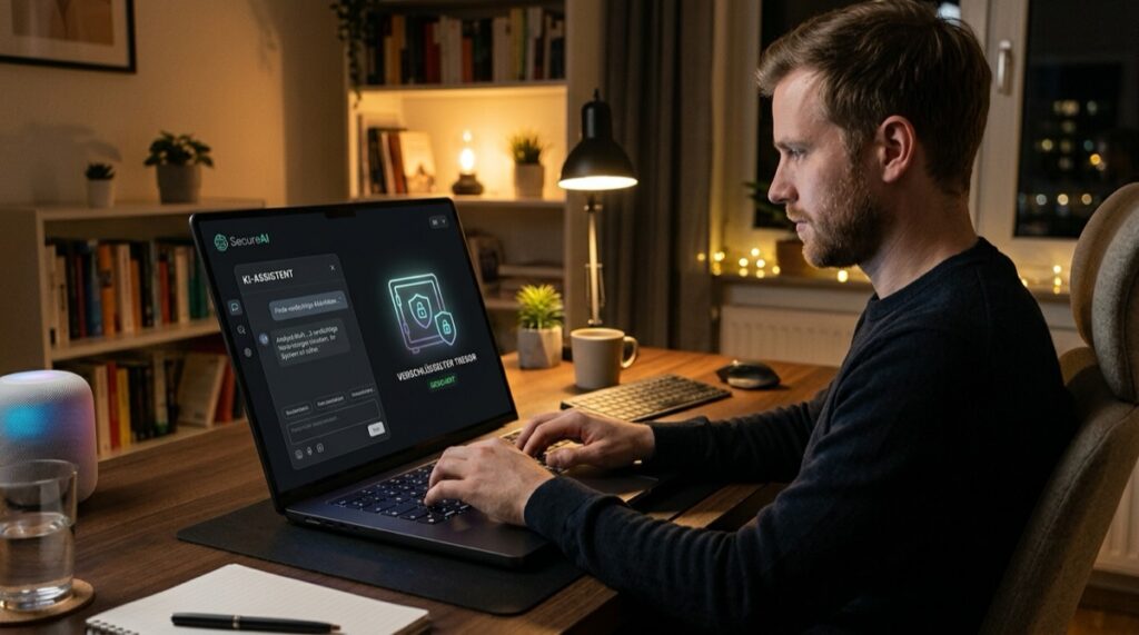 Secrets AI Testbericht Arbeitsplatz mit verschluesseltem Tresor Symbol und privatem KI Chat