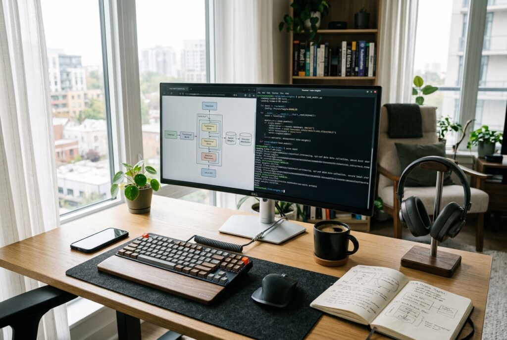 Open-source local LLM architecture schematics and terminal parameters on workstation display in daylight studio
