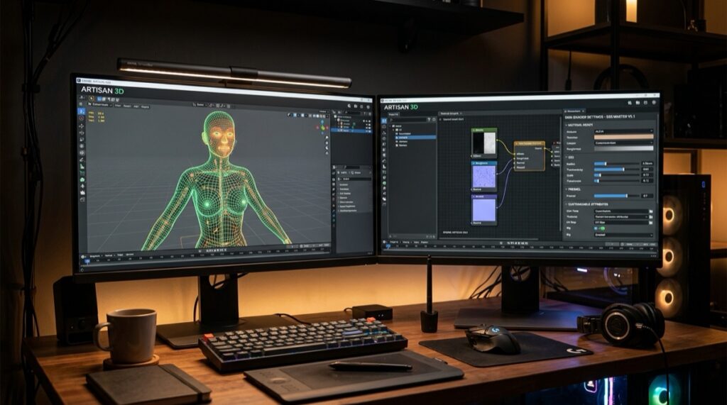 Virtual 3D companion simulator viewport displaying detailed avatar wireframes and shader customization